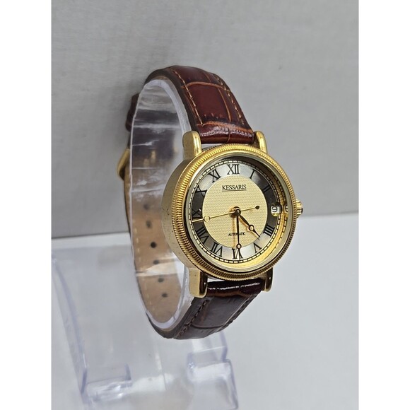 Kessaris Automatic Gold Tone Roman Dial Date Leather 30 MM Exhibition Back Watch - Picture 3 of 14